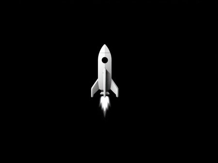 A vector illustration depicts a white rocket launching from a dark background. The image showcases a simplified design with smooth gradients. The composition uses a centralized focus, creating a sense of movement. This imagery may be suitable for projects about space, technology, or innovation.の素材
