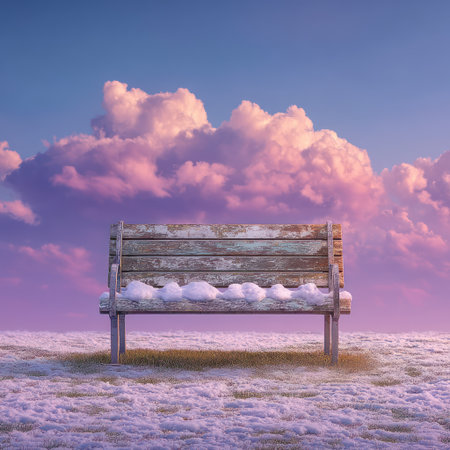 A weathered wooden bench sits in a field under a vibrant sky filled with puffy, colorful clouds. The scene is bathed in soft light, suggesting daytime. The image evokes a sense of tranquility, offering potential for use in themes related to relaxation and nature, suitable for various commercial applications.の素材