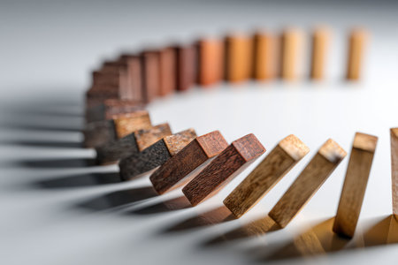 An image showcases wooden domino blocks meticulously arranged in a curved formation. The blocks vary in color, creating visual interest against a plain background. The composition employs overhead lighting, casting shadows that enhance the three-dimensional effect. This image is suitable for various commercial uses, including illustrations of concepts.の素材