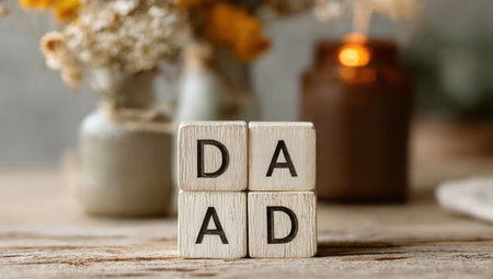 Wooden blocks display the word DAD on a wooden table, with soft lighting and a blurred background. The composition includes flowers in a vase and a lit candle, creating a warm, inviting atmosphere. Suitable for a variety of media, the image offers a sense of comfort and home.の素材