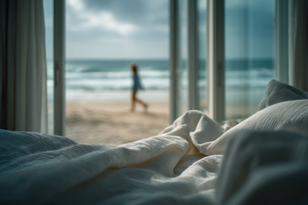 An interior shot features a bedroom with a partially visible bed and open doors leading to a beach scene. A person is walking on the shoreline, visible through the windows. Soft lighting illuminates the room and exterior. This image could be utilized for various commercial and editorial projects.の素材