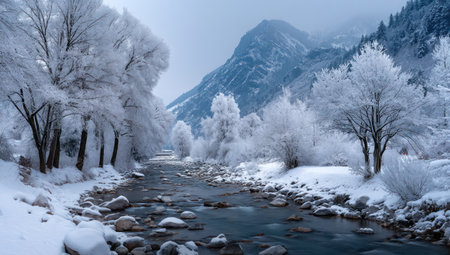 A tranquil winter landscape showcases a flowing river through a valley of snow-covered trees and rocks. The scene features a backdrop of mountains under a cloudy sky, with a palette of whites, blues, and grays. Suitable for use in various commercial applications that focus on nature and travel.の素材