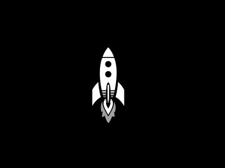 A white rocket ship illustration is centered against a stark black backdrop. The graphic portrays a rocket in a simplistic design with its boosters firing. The image's high contrast and clean lines suggest a modern aesthetic suitable for various commercial uses, including business presentations or website design.の素材