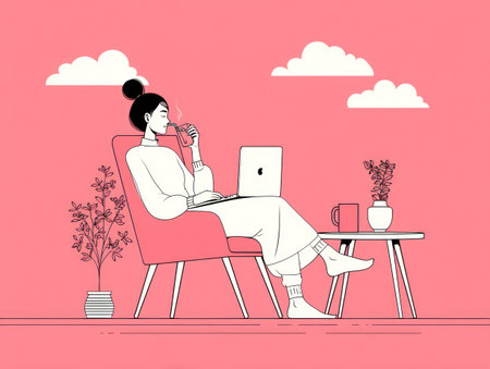 An illustration depicts a woman seated in a chair, working on a laptop while holding a drink. The image utilizes a limited color palette of pink and white, with simple lines and shapes. The composition includes a table with a plant, cup, and clouds in the background, suggesting a casual indoor environment suitable for various commercial uses.の素材