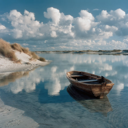 A wooden boat rests peacefully on calm water, mirroring the fluffy white clouds in the sky. The scene exhibits a tranquil environment with soft textures and natural lighting. This image may be suitable for illustrating concepts of travel, leisure, or serenity, and it could be used for various commercial or editorial projects.の素材