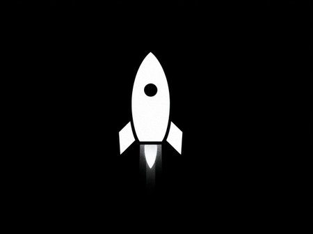 A simplified white rocket icon is centered on a black background, suggesting upward movement. The design features a smooth surface and subtle lighting. It likely represents advancement or goals. This image is suitable for various commercial uses, including website graphics and presentation elements.の素材
