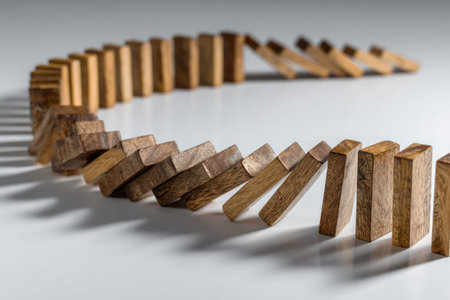 A collection of wooden dominoes forms a curved shape on a white surface. The warm-toned dominoes are arranged closely together, hinting at the potential for a chain reaction. The composition utilizes overhead lighting, creating soft shadows. This image is suitable for various commercial uses, including illustrations and conceptual designs.の素材