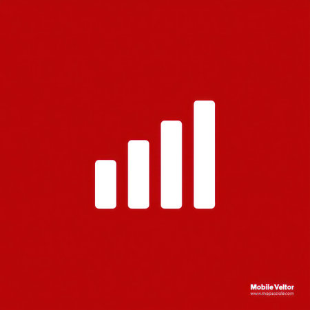 A graphic displays white signal bars on a vibrant red background. The design features a simple, modern style with clean lines, conveying a sense of digital communication. This isolated visual element has the potential for use in various commercial contexts, especially in areas of technology and telecommunications.の素材