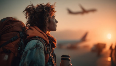 A woman stands with a backpack, holding a coffee cup, observing airplanes at dusk. The warm orange and yellow hues of the sunset illuminate the scene. The image suggests travel and adventure, with potential uses in various commercial and editorial contexts. The composition features a shallow depth of field.の素材
