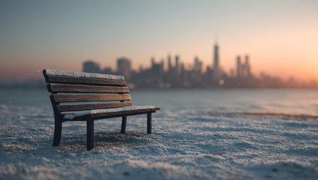 An empty wooden bench sits in the foreground, facing a distant city skyline. The scene is bathed in the soft glow of a sunset with shades of orange and blue. The composition, with its shallow depth of field, evokes a sense of solitude. The image could be used for various editorial and commercial purposes.の素材