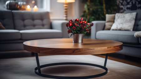 A wooden coffee table is centrally positioned, hosting a vase of red flowers. The room features two gray sofas, soft lighting, and a neutral-toned rug, creating a warm, inviting atmosphere. The image is suitable for various interior design projects or to depict domestic life.の素材