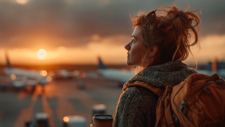 A woman stands with a backpack, gazing at a sunset over an airport. The scene features warm colors, emphasizing the time of day. The composition includes an out-of-focus background. This image could be used for various purposes related to travel, lifestyle, or editorial content.の素材