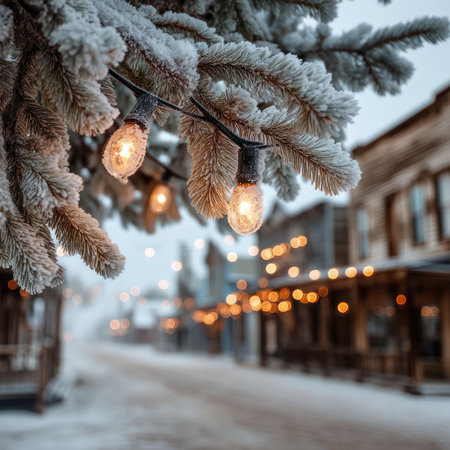 An image captures a snow-covered evergreen branch adorned with illuminated string lights. The composition highlights the lights and the frost-covered tree in the foreground. A blurred background reveals a vintage town. It could be used for festive, seasonal or holiday-themed materials.の素材