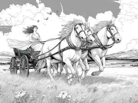 An illustration depicts a woman in a chariot drawn by horses, captured in a monochrome style. The image showcases the horses' musculature and the woman's flowing attire. Rendered with fine lines, the artwork suggests an outdoor environment, with potential use in historical, mythological or editorial contexts.の素材