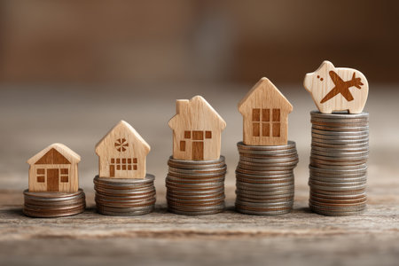 Miniature wooden houses and a piggy bank are placed atop stacks of coins, creating a visual metaphor for financial growth and investment. The composition features warm tones and natural textures, with soft lighting and a shallow depth of field. This image may be suitable for illustrating concepts of savings, real estate, and financial planning.の素材