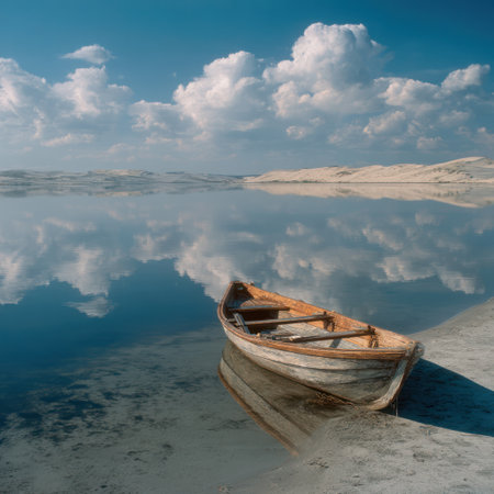 A wooden boat rests gently on the water's surface, reflecting a sky filled with fluffy white clouds. The scene is bathed in soft daylight, creating a tranquil atmosphere. The composition emphasizes the relationship between the boat, water, and sky. This image is suitable for various commercial uses, including travel and nature themes.の素材