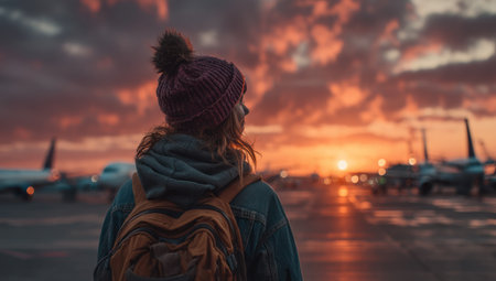 A woman stands on an airport tarmac, gazing towards a vibrant sunset. The composition features soft focus, warm colors, and a silhouette effect. The image suggests travel and adventure, with potential uses in travel blogs, articles, and commercial promotions. The atmosphere is calm and inviting.の素材