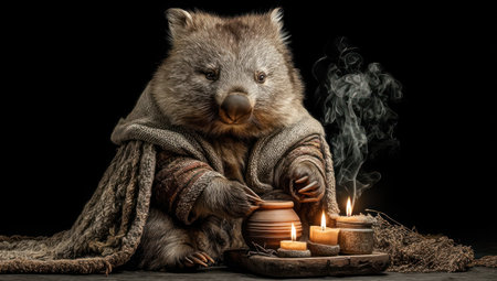 A wombat, adorned in layered textiles, engages in a ritual. Warm candlelight casts a glow on the scene, with wisps of smoke adding an ethereal quality. The composition features soft textures and a dark background. Suitable for conceptual illustrations, spiritual themes, and designs needing a touch of mystery.の素材