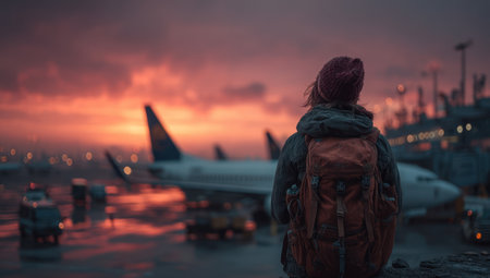 A woman stands with a backpack, gazing at a vibrant sunset. The composition features a shallow depth of field, with soft focus on the foreground figure. The color palette emphasizes warm oranges and reds against a darker sky. This image is suitable for illustrating travel or adventure themes.の素材
