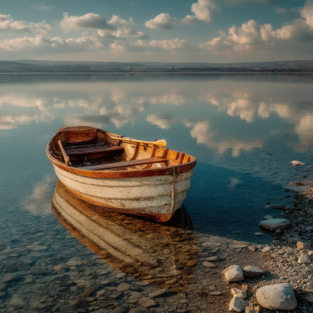 A wooden boat rests on still water, reflecting the sky's clouds. The composition features soft light and natural colors, with the boat's design prominent. This image may be suitable for illustrating concepts of travel, tranquility, or nature, and is well-suited for a variety of commercial purposes.の素材