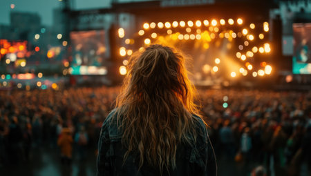 A woman with long hair stands before a large crowd, observing a brightly lit stage. The image displays a blurry background of people and lights. The setting is likely an outdoor event, possibly a music festival, with a focus on entertainment. This image may be used for various promotional or editorial purposes.の素材
