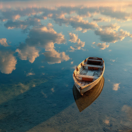 A wooden boat rests on still water, mirroring a sky filled with fluffy clouds. The scene displays a tranquil composition with soft colors and diffused lighting, suggesting a serene outdoor environment. This image could be used in various commercial applications promoting peaceful themes.の素材