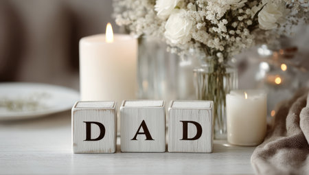 This image presents wooden blocks spelling "DAD" in front of a blurred background. The composition includes candles, flowers, and soft fabrics, creating a warm, inviting atmosphere. The lighting is soft and diffused, emphasizing the textures and creating a serene visual appeal. Suitable for various editorial and commercial applications.の素材