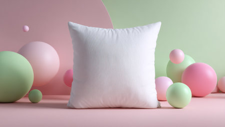 A white square pillow is the central subject of this image, set against a soft, two-tone background of pink and green. Spherical shapes of various sizes and colors are arranged around the pillow, creating a playful, abstract composition. The lighting is diffused, giving a soft, inviting aesthetic suitable for various commercial uses.の素材