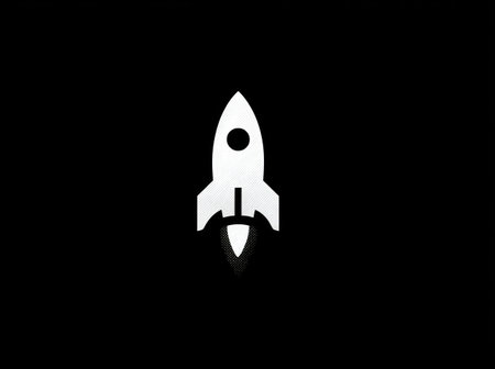 A minimalist graphic depicts a white rocket against a stark black background. The design features clean lines and simple shapes, focusing on the rocket's form. This illustration could be used in various applications, such as for business presentations, website designs, or as an element in editorial content.の素材