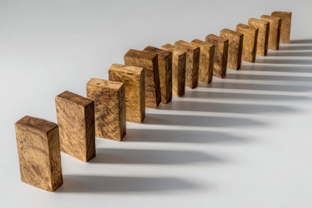 A close-up captures a line of wooden dominoes, each showcasing unique grain patterns. The warm, earthy tones of the wood contrast against a plain background. Overhead lighting creates long, dynamic shadows, enhancing the visual depth. This image is suitable for illustrating concepts of sequence, planning, and impact, potentially for advertising or editorial use.の素材