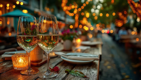 Two wine glasses filled with a light-colored liquid stand on a wooden table in an outdoor setting. The image displays a shallow depth of field, with soft bokeh lights in the background. The scene suggests a relaxed atmosphere, potentially suitable for editorial content or commercial use.の素材