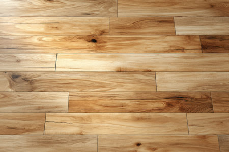 This image showcases a close-up of wooden floorboards. The natural wood exhibits warm, light brown tones with visible grain and knots. The composition suggests an indoor setting, with soft lighting enhancing the texture. Suitable for various applications, including website backgrounds and design elements.の素材