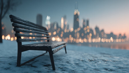A weathered wooden bench sits in the foreground against a blurred cityscape background. The image showcases cool tones, soft textures, and a shallow depth of field. The atmospheric lighting suggests dusk, potentially suitable for various visual media. It can be used for promotional material or background elements.の素材