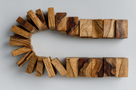 An overhead view displays wooden blocks artfully arranged in a curved formation against a plain backdrop. The warm brown tones of the wood exhibit varied grain patterns, providing texture. The composition suggests a studio setting and could be used for conceptual art, design projects, or educational resources.の素材
