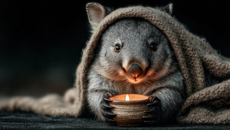 A wombat, covered in a cozy blanket, is holding a lit candle. The image presents a soft texture with warm tones contrasting against a dark background. The composition suggests a close-up shot, possibly taken indoors. This image could be suitable for various editorial and promotional purposes.の素材