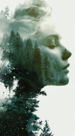 This artwork depicts a woman's profile superimposed with a forest. The image combines a portrait with natural elements using a digital technique. The color palette primarily features green, white and various shades. The composition suggests themes of harmony and environmental consciousness, suitable for diverse uses.の素材