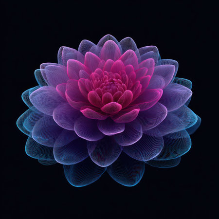 An artistic representation features a detailed flower with multiple layers of petals. The design showcases a gradient of colors, transitioning from vibrant pink to deep purple and ending in blue hues. The composition is set against a stark black background, emphasizing the flower's form, likely suitable for decorative or conceptual purposes.の素材