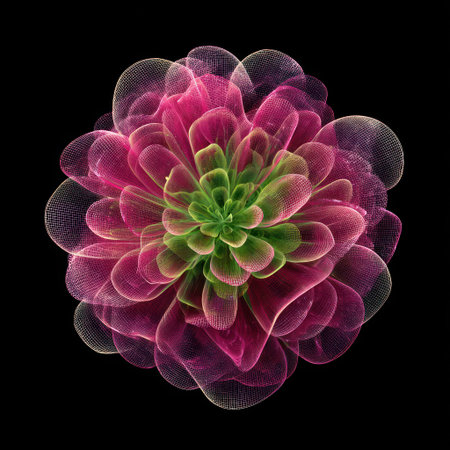 An artistic rendering features a layered, translucent floral form. The composition showcases shades of pink, green, and white, with subtle textures and a gradient effect. The design is set against a stark black background, highlighting the intricate details. Suitable for various creative projects and visual content.の素材