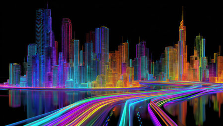 An abstract cityscape with radiant colors illustrates a futuristic environment. The scene showcases a road leading towards vibrant skyscrapers reflecting on a dark surface. The artwork uses bright hues and a digital style, suitable for various design applications, commercial projects, and conceptual presentations.の素材
