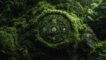 An artistic representation shows a dense cover of green moss with a circular design at the center. The composition displays intricate textures and details, enhanced by the interplay of light and shadow. Ideal for projects needing a touch of natural elements and graphic designs, this image could serve commercial purposes.の素材