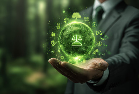 A suited individual extends their hand, cradling a glowing globe adorned with ecological icons and a scale of justice symbol. The scene features a blurred, green-toned background, suggesting a natural environment. The image is likely intended for business, environmental, or legal themes and can be used in commercial and editorial contexts.の素材