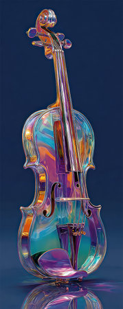 A close-up captures a stylized glass violin, displaying vibrant rainbow reflections. The instrument is set against a dark blue background, emphasizing the translucent qualities. This image could be used in design projects, advertising, or editorial content, suggesting creativity and artistic expression.の素材