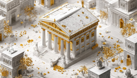 An architectural illustration showcases a classical building with pillars and a detailed roof. The scene is composed of several surrounding structures, all rendered in shades of white and gold. The overall style suggests a modern digital art piece, possibly intended for commercial uses or to represent a specific concept.の素材