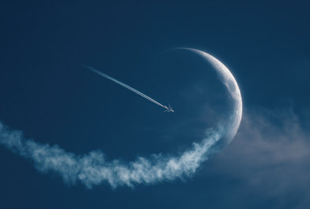 An airplane leaves a visible trail as it flies past a crescent moon at night. The image showcases a dark blue sky with a wispy vapor trail and soft, diffused lighting. The composition is simple, emphasizing the celestial and aviation elements, suitable for various editorial and commercial applications.の素材
