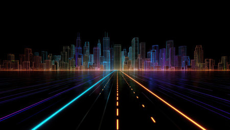 An illuminated city skyline dominates the backdrop, its buildings outlined in vibrant colors. A road leads towards the cityscape, highlighted by bright lines. The composition features a dark, reflective surface suggesting a night scene. This image could be used for various commercial projects related to technology or urban design.の素材