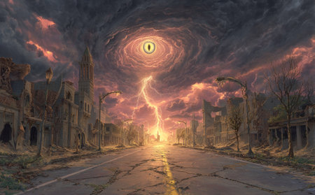 An image depicts a desolate cityscape under a dramatic, stormy sky, with a central eye-like vortex emitting intense light. The visual style features vibrant colors and detailed textures. The composition focuses on a central road leading towards the source of light, suggesting a post-apocalyptic or fantasy setting. Suitable for various editorial and commercial applications.の素材