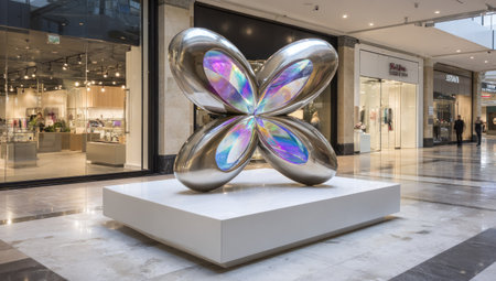 A polished metal sculpture, featuring a symmetrical, four-part design with iridescent inner details, is showcased on a white pedestal. The sculpture sits within a large building with glass storefronts and neutral-toned flooring, under bright overhead lighting. Suitable for commercial art and design applications.の素材