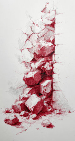 An artistic rendering depicts a wall in the process of demolition, featuring a cascade of stone fragments. The image showcases a monochromatic red palette, detailed textures, and dynamic composition. Ideal for conceptual projects, this artwork may be suitable for illustrating themes of destruction or unveiling.の素材