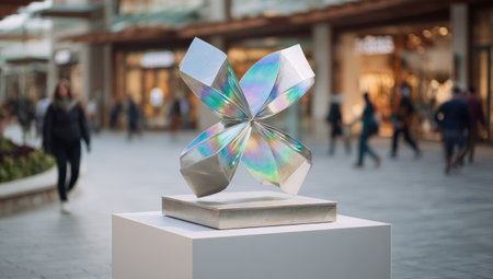 A modern sculpture with iridescent, geometric design is presented on a pedestal in an outdoor public space. The artwork features a reflective, multi-colored surface. The composition includes blurred figures in the background, suggesting a shopping area or gathering place. It is suitable for commercial uses.の素材