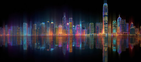 An illustration depicts a vibrant cityscape reflecting in calm water. The composition showcases tall buildings in a colorful array of lights against a dark backdrop, suggestive of nighttime. The style is digitally created, potentially suitable for design, advertising, and conceptual purposes. The image employs bold colors and smooth textures.の素材